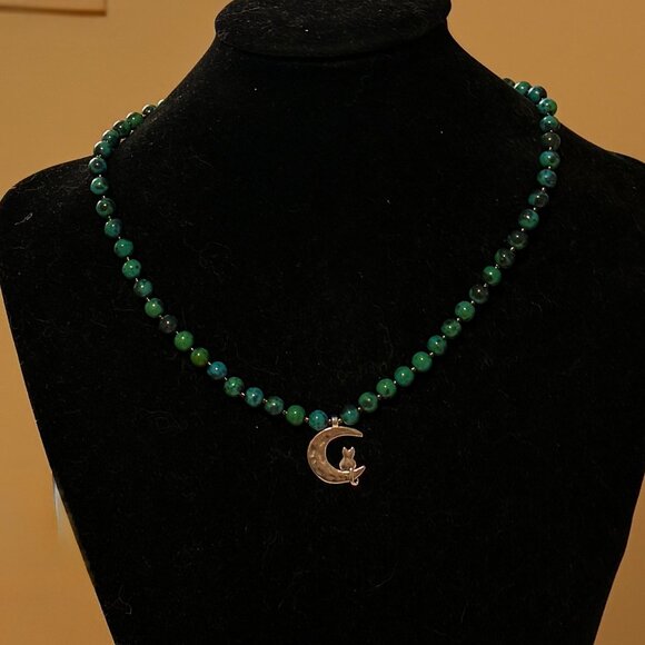 Teal Chrysocolla Short Necklace, Genuine Gemstone & Silver Cat on the Moon Charm - Picture 3 of 13